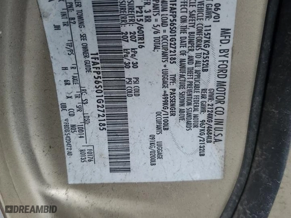 2001 Ford Taurus SEL with VIN 1FAFP56S01G272185, listed as a Copart auction lot 82987924 with 0 mi miles and Salvage Title. Bid and sale history available at carsss.com. Image 12.