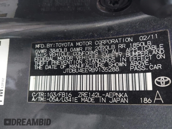 2011 Toyota Corolla L with VIN JTDBU4EE9B9135288, listed as a IAAI auction lot 41933259 with 146,039 mi miles. Bid and sale history available at carsss.com. Image 9.
