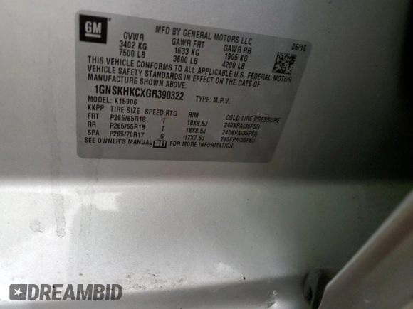 2016 Chevrolet Suburban LT with VIN 1GNSKHKCXGR390322, listed as a Copart auction lot 53606025 with Not Provided miles and Salvage Title. Bid and sale history available at DreamBid. Image 14.