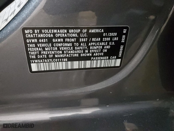 2020 Volkswagen Passat 2.0T SE with VIN 1VWSA7A37LC011195, listed as a Copart auction lot 72606252 with 53,457 mi miles. Bid and sale history available at carsss.com. Image 14.