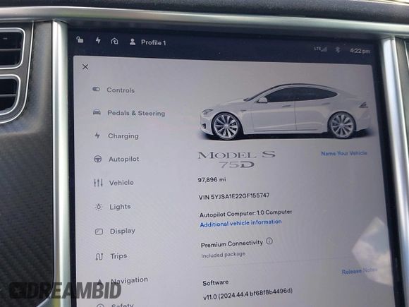 2016 Tesla Model S 90D with VIN 5YJSA1E22GF155747, listed as a IAAI auction lot 42630085 with 97,896 mi miles and . Bid and sale history available at DreamBid. Image 7.