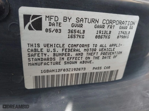 2003 Saturn ION with VIN 1G8AN12F03Z192673, listed as a IAAI auction lot 41969490 with 172,702 mi miles. Bid and sale history available at carsss.com. Image 9.