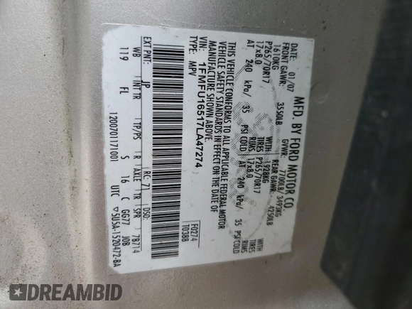 2007 Ford Expedition XLT with VIN 1FMFU16517LA47274, listed as a Copart auction lot 58021145 with 167,971 mi miles and Salvage title. Bid and sale history available at DreamBid. Image 13.