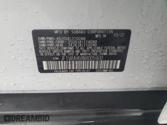 2022 Subaru WRX Premium with VIN JF1VBAH68N8005900, listed as a Copart auction lot 48079535 with 49,767 mi miles and Salvage Title. Bid and sale history available at carsss.com. Image 12.
