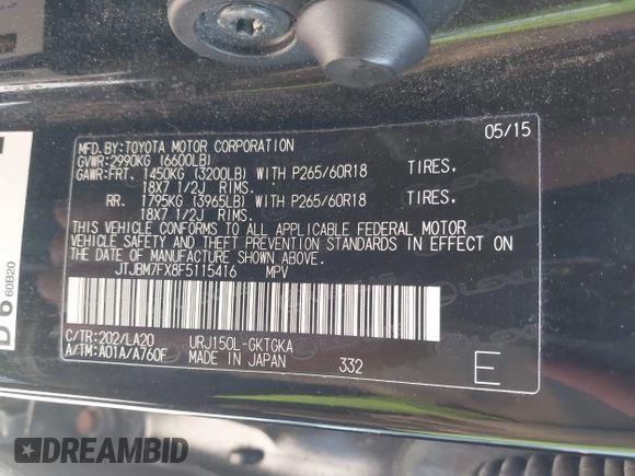 2015 Lexus GX 460 z VIN JTJBM7FX8F5115416, wystawiony jako IAAI lot #42067994 z przebiegiem 135 926 mil mil oraz . Historia ofert i sprzedaży dostępna na DreamBid. Obrazek 9.