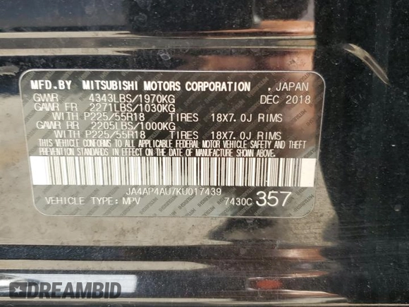 2019 Mitsubishi Outlander SE with VIN JA4AP4AU7KU017439, listed as a Copart auction lot 55813775 with Not provided miles and Clean title. Bid and sale history available at DreamBid. Image 13.