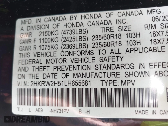 2020 Honda CR-V EX with VIN 2HKRW2H51LH655681, listed as a IAAI auction lot 40318921 with 72,958 mi miles. Bid and sale history available at carsss.com. Image 9.