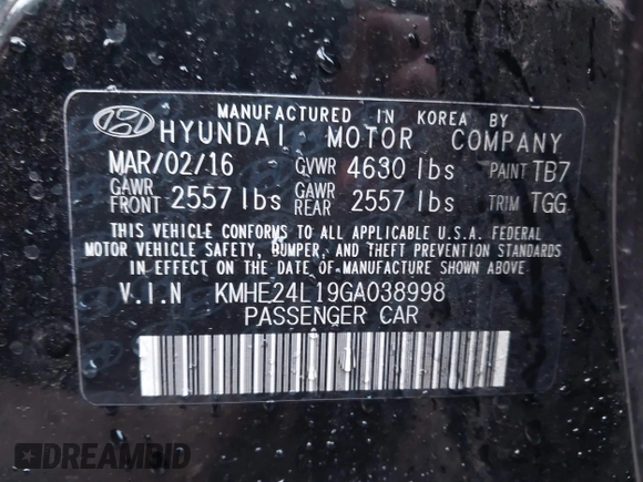 2016 Hyundai Sonata Hybrid SE with VIN KMHE24L19GA038998, listed as a IAAI auction lot 41137210 with 67,343 mi miles. Bid and sale history available at carsss.com. Image 9.