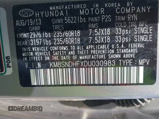2013 Hyundai Santa Fe GLS z VIN KM8SNDHFXDU030983, wystawiony jako IAAI lot #42382794 z przebiegiem 179 779 mil mil oraz . Historia ofert i sprzedaży dostępna na DreamBid. Obrazek 9.