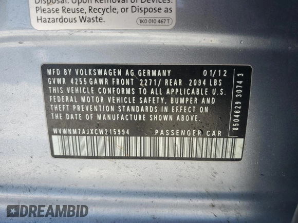 2012 Volkswagen Golf TDI z VIN WVWNM7AJXCW215994, wystawiony jako Copart lot #62693075 z przebiegiem 122 234 mil mil oraz Nie do naprawy • Non repairable. Historia ofert i sprzedaży dostępna na DreamBid. Obrazek 14.