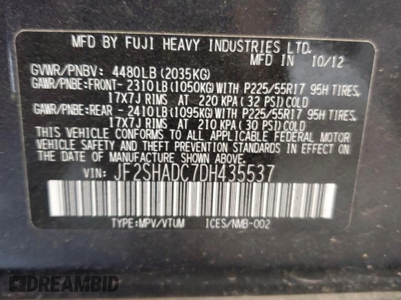 2013 Subaru Forester X Premium with VIN JF2SHADC7DH435537, listed as a Copart auction lot 60250665 with 130,685 mi miles and Salvage title. Bid and sale history available at DreamBid. Image 14.