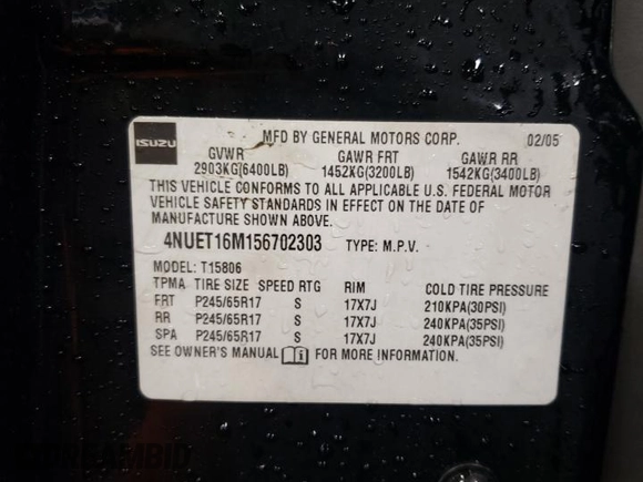 2005 Isuzu Ascender с VIN 4NUET16M156702303, выставлен на аукционе Copart как лот 86841274 с пробегом 188 577 миль миль и Списание • Salvage title. История ставок и продаж доступна на DreamBid. Изображение 12.