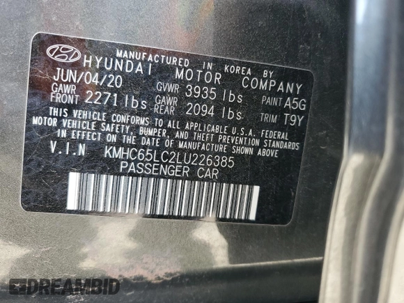 2020 Hyundai Ioniq Blue with VIN KMHC65LC2LU226385, listed as a Copart auction lot 61989965 with 184,834 mi miles and Salvage title. Bid and sale history available at DreamBid. Image 12.