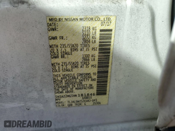 2017 Nissan Murano Platinum z VIN 5N1AZ2MG5HN181846, wystawiony jako Copart lot #60341665 z przebiegiem 131 171 mil mil oraz Szkoda całkowita • Salvage title. Historia ofert i sprzedaży dostępna na DreamBid. Obrazek 13.