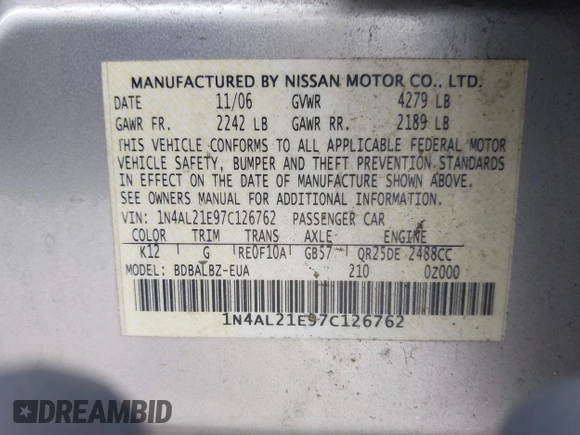2007 Nissan Altima 2.5 S with VIN 1N4AL21E97C126762, listed as a IAAI auction lot 42033441 with 231,347 mi miles. Bid and sale history available at carsss.com. Image 9.