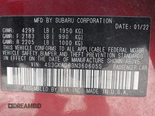 2022 Subaru Impreza Premium with VIN 4S3GKAD63N3606055, listed as a IAAI auction lot 41787174 with 37,512 mi miles and . Bid and sale history available at DreamBid. Image 9.