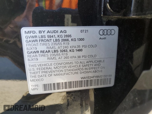 2021 Audi Q5 Premium Plus with VIN WA1E2AFY6M2132199, listed as a Copart auction lot 88331615 with 20,555 mi miles and Salvage Title. Bid and sale history available at carsss.com. Image 12.