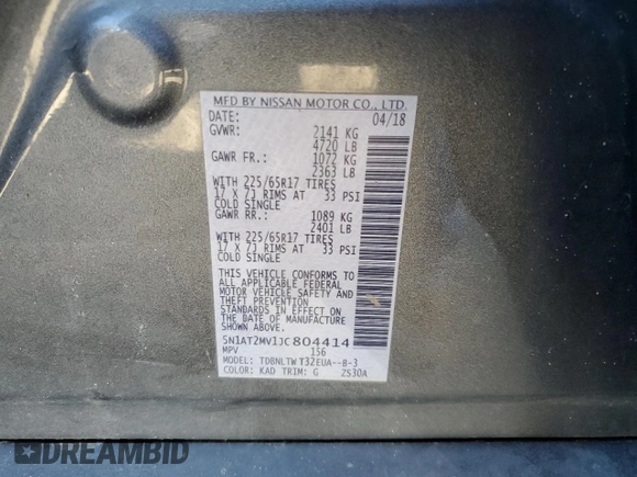 2018 Nissan Rogue SV with VIN 5N1AT2MV1JC804414, listed as a Copart auction lot 47134585 with 69,364 mi miles and Salvage Title. Bid and sale history available at carsss.com. Image 13.