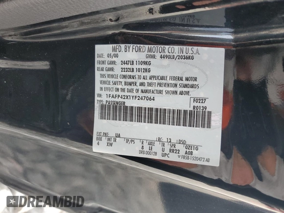 2000 Ford Mustang GT with VIN 1FAFP42X1YF247064, listed as a Copart auction lot 56169385 with 29,845 mi miles and Salvage title. Bid and sale history available at DreamBid. Image 12.