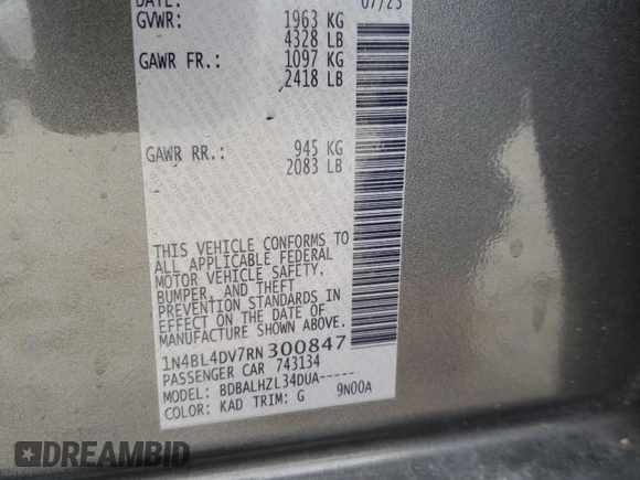 2024 Nissan Altima 2.5 SV with VIN 1N4BL4DV7RN300847, listed as a Copart auction lot 43423975 with 33,301 mi miles and Clean Title. Bid and sale history available at carsss.com. Image 14.