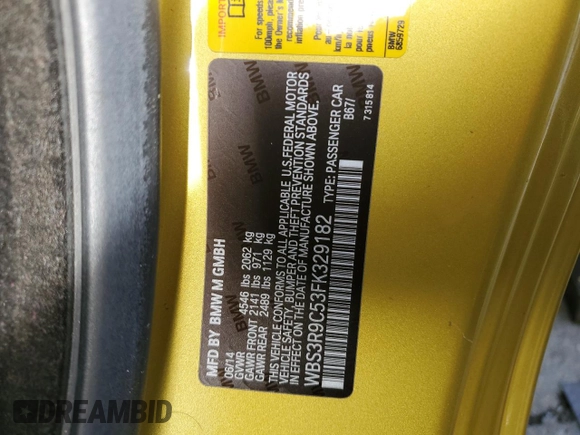 2015 BMW M4 with VIN WBS3R9C53FK329182, listed as a Copart auction lot 37257553 with 0 mi miles. Bid and sale history available at carsss.com. Image 12.