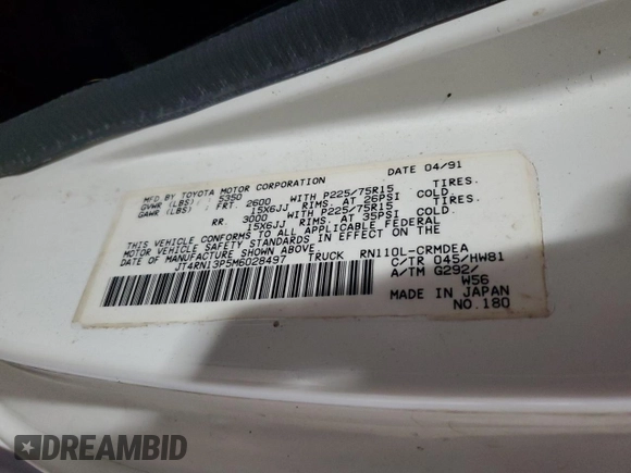 1991 Toyota Pickup с VIN JT4RN13P5M6028497, выставлен на аукционе Copart как лот 52332455 с пробегом 151 274 миль миль и Списание • Salvage title. История ставок и продаж доступна на DreamBid. Изображение 14.