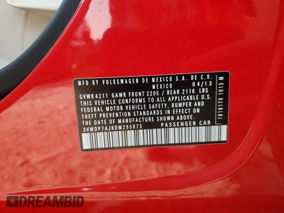 2013 Volkswagen Jetta SE with VIN 3VWDP7AJ8DM296673, listed as a Copart auction lot 60319295 with 236,599 mi miles and Salvage title. Bid and sale history available at DreamBid. Image 12.