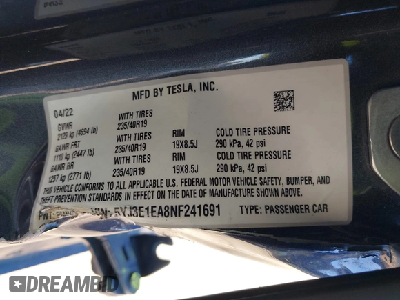 2022 Tesla Model 3 with VIN 5YJ3E1EA8NF241691, listed as a IAAI auction lot 41742584 with 70,375 mi miles and . Bid and sale history available at DreamBid. Image 9.
