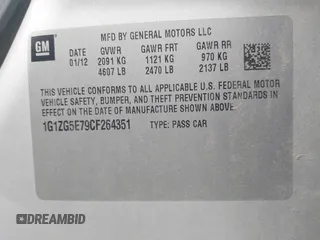 2012 Chevrolet Malibu LTZ with VIN 1G1ZG5E79CF264351, listed as a IAAI auction lot 41465508 with 213,854 mi miles and . Bid and sale history available at DreamBid. Image 9.