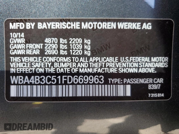 2015 BMW 4 Series 435i xDrive z VIN WBA4B3C51FD669963, wystawiony jako Copart lot #72719344 z przebiegiem 116 403 mil mil oraz Czysty tytuł • Clean title. Historia ofert i sprzedaży dostępna na DreamBid. Obrazek 13.