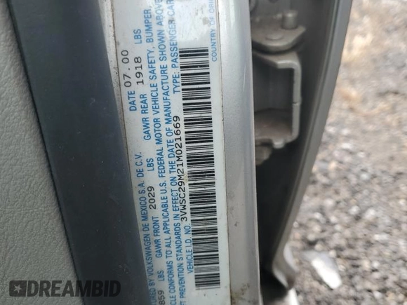2001 Volkswagen Jetta with VIN 3VWSC29M21M021669, listed as a Copart auction lot 44366895 with Not provided miles and Salvage title. Bid and sale history available at DreamBid. Image 12.