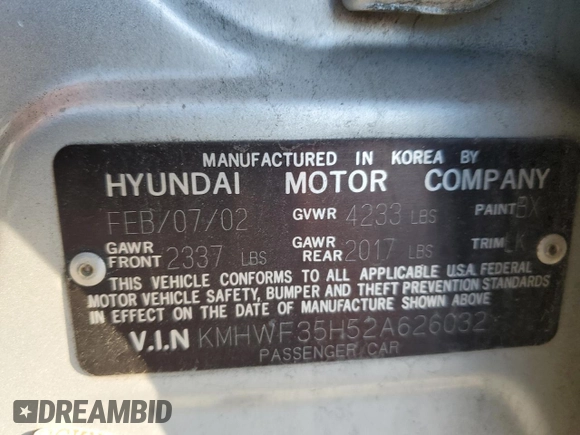 2002 Hyundai Sonata GLS with VIN KMHWF35H52A626032, listed as a Copart auction lot 86873644 with 169,614 mi miles and Salvage Title. Bid and sale history available at carsss.com. Image 12.