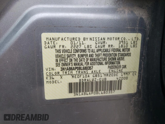 2011 Nissan Sentra 2.0 z VIN 3N1AB6AP0BL680357, wystawiony jako Copart lot #54856475 z przebiegiem 189 103 mil mil oraz Szkoda całkowita • Salvage title. Historia ofert i sprzedaży dostępna na DreamBid. Obrazek 13.