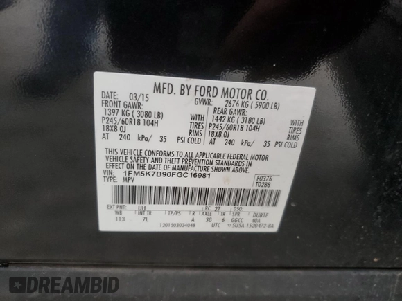 2015 Ford Explorer z VIN 1FM5K7B90FGC16981, wystawiony jako Copart lot #80695764 z przebiegiem 185 233 mil mil oraz Szkoda całkowita • Salvage title. Historia ofert i sprzedaży dostępna na DreamBid. Obrazek 13.