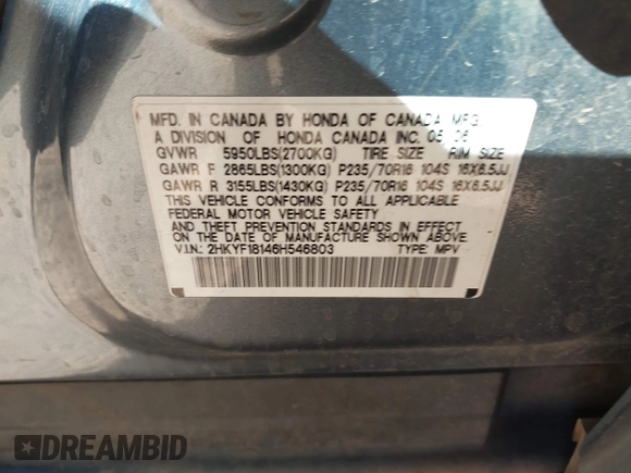 2006 Honda Pilot LX with VIN 2HKYF18146H546803, listed as a IAAI auction lot 41533192 with 218,754 mi miles. Bid and sale history available at carsss.com. Image 9.