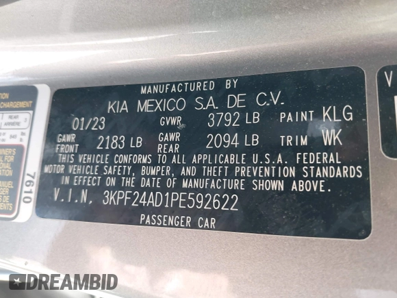 2023 Kia Forte LXS z VIN 3KPF24AD1PE592622, wystawiony jako IAAI lot #42011998 z przebiegiem 20 746 mil mil oraz . Historia ofert i sprzedaży dostępna na DreamBid. Obrazek 9.