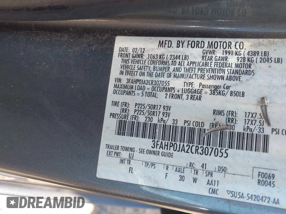 2012 Ford Fusion SEL with VIN 3FAHP0JA2CR307055, listed as a IAAI auction lot 42569357 with 155,082 mi miles and . Bid and sale history available at DreamBid. Image 9.