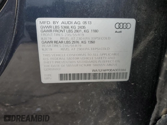 2014 Audi Q5 Premium Plus with VIN WA1LFAFP0EA003384, listed as a Copart auction lot 50144005 with 100,182 mi miles and Salvage Title. Bid and sale history available at carsss.com. Image 13.