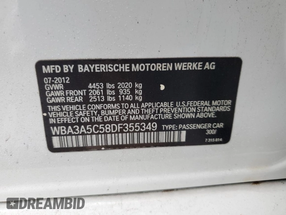 2013 BMW 3 Series 328i with VIN WBA3A5C58DF355349, listed as a Copart auction lot 83649464 with 0 mi miles and Non Repairable. Bid and sale history available at carsss.com. Image 15.
