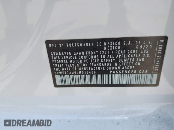 2020 Volkswagen GTI S с VIN 3VW5T7AU6LM016466, выставлен на аукционе IAAI как лот 42271819 с пробегом 37 670 миль миль и . История ставок и продаж доступна на DreamBid. Изображение 9.