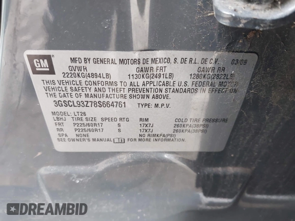2008 Saturn VUE I4 z VIN 3GSCL93Z78S664761, wystawiony jako IAAI lot #41818677 z przebiegiem Nie podano mil oraz . Historia ofert i sprzedaży dostępna na DreamBid. Obrazek 9.