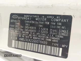 2016 Hyundai Tucson Eco with VIN KM8J3CA22GU076489, listed as a IAAI auction lot 42169732 with 153,597 mi miles. Bid and sale history available at carsss.com. Image 9.