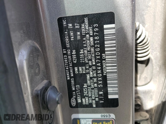 2013 Kia Optima EX with VIN 5XXGN4A7XDG218793, listed as a Copart auction lot 49856445 with 222,174 mi miles and Salvage title. Bid and sale history available at DreamBid. Image 12.