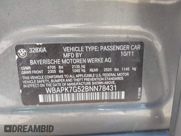 2011 BMW 3 Series 328i xDrive with VIN WBAPK7G52BNN78431, listed as a IAAI auction lot 42256610 with 140,533 mi miles and . Bid and sale history available at DreamBid. Image 9.