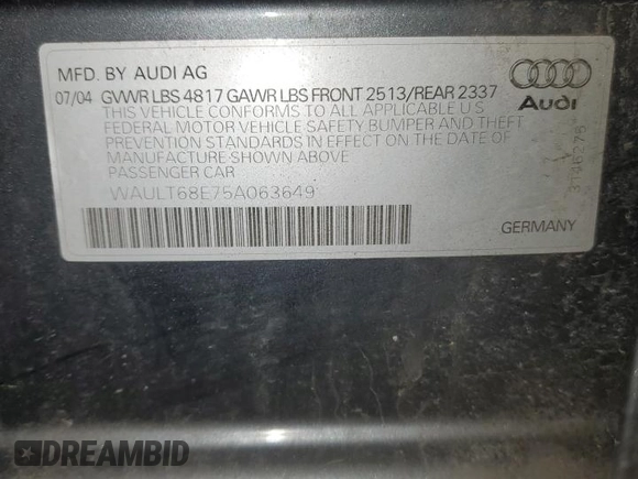 2005 Audi A4 3.0L z VIN WAULT68E75A063649, wystawiony jako Copart lot #51509895 z przebiegiem Nie podano mil oraz Nie do naprawy • Non repairable. Historia ofert i sprzedaży dostępna na DreamBid. Obrazek 13.