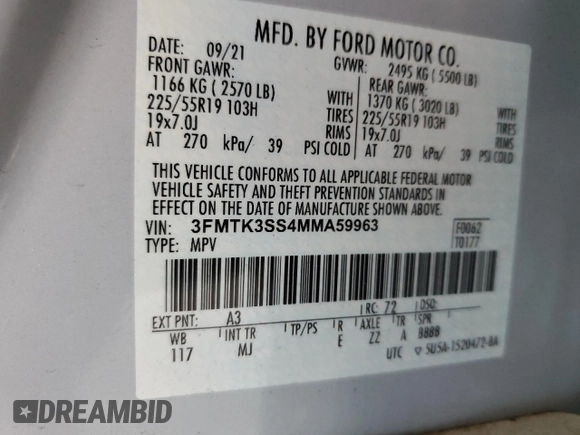 2021 Ford Mustang Mach-E Premium with VIN 3FMTK3SS4MMA59963, listed as a Copart auction lot 62597045 with 67,801 mi miles and Salvage title. Bid and sale history available at DreamBid. Image 12.