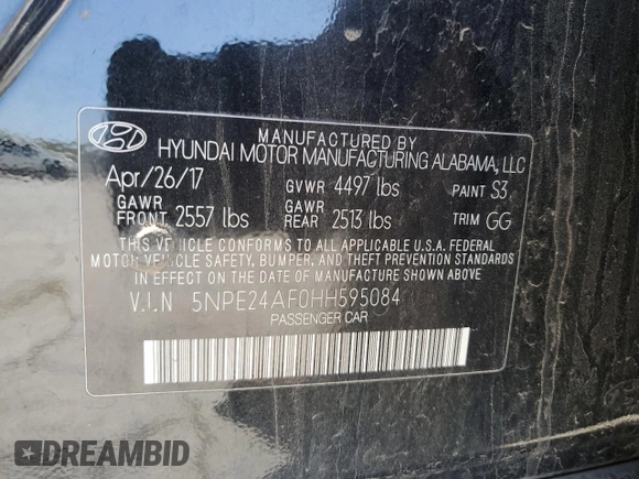 2017 Hyundai Sonata 2.4L with VIN 5NPE24AF0HH595084, listed as a Copart auction lot 52703015 with 178,367 mi miles and Salvage Title. Bid and sale history available at carsss.com. Image 13.