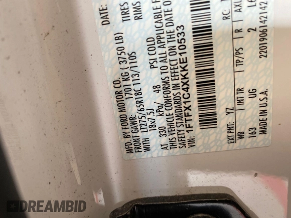 2019 Ford F-150 z VIN 1FTFX1C4XKKE10533, wystawiony jako IAAI lot #42843481 z przebiegiem 52 694 mil mil oraz . Historia ofert i sprzedaży dostępna na DreamBid. Obrazek 6.