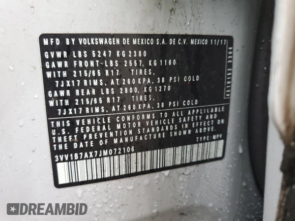 2018 Volkswagen Tiguan S with VIN 3VV1B7AX7JM072106, listed as a Copart auction lot 48373464 with 83,482 mi miles and Salvage title. Bid and sale history available at DreamBid. Image 15.