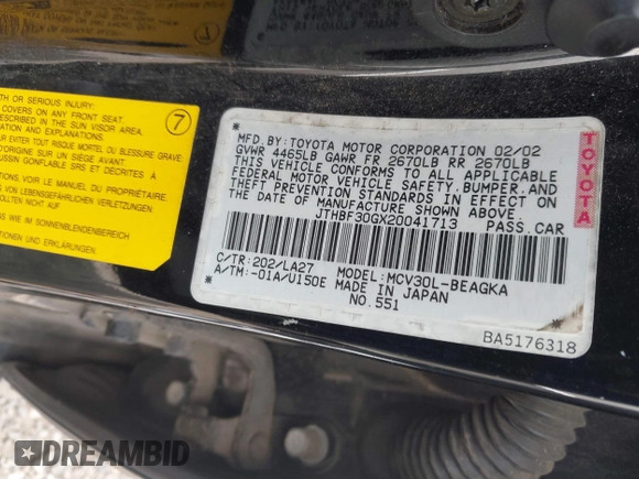 2002 Lexus ES 300 with VIN JTHBF30GX20041713, listed as a IAAI auction lot 42178256 with 230,455 mi miles and . Bid and sale history available at DreamBid. Image 9.